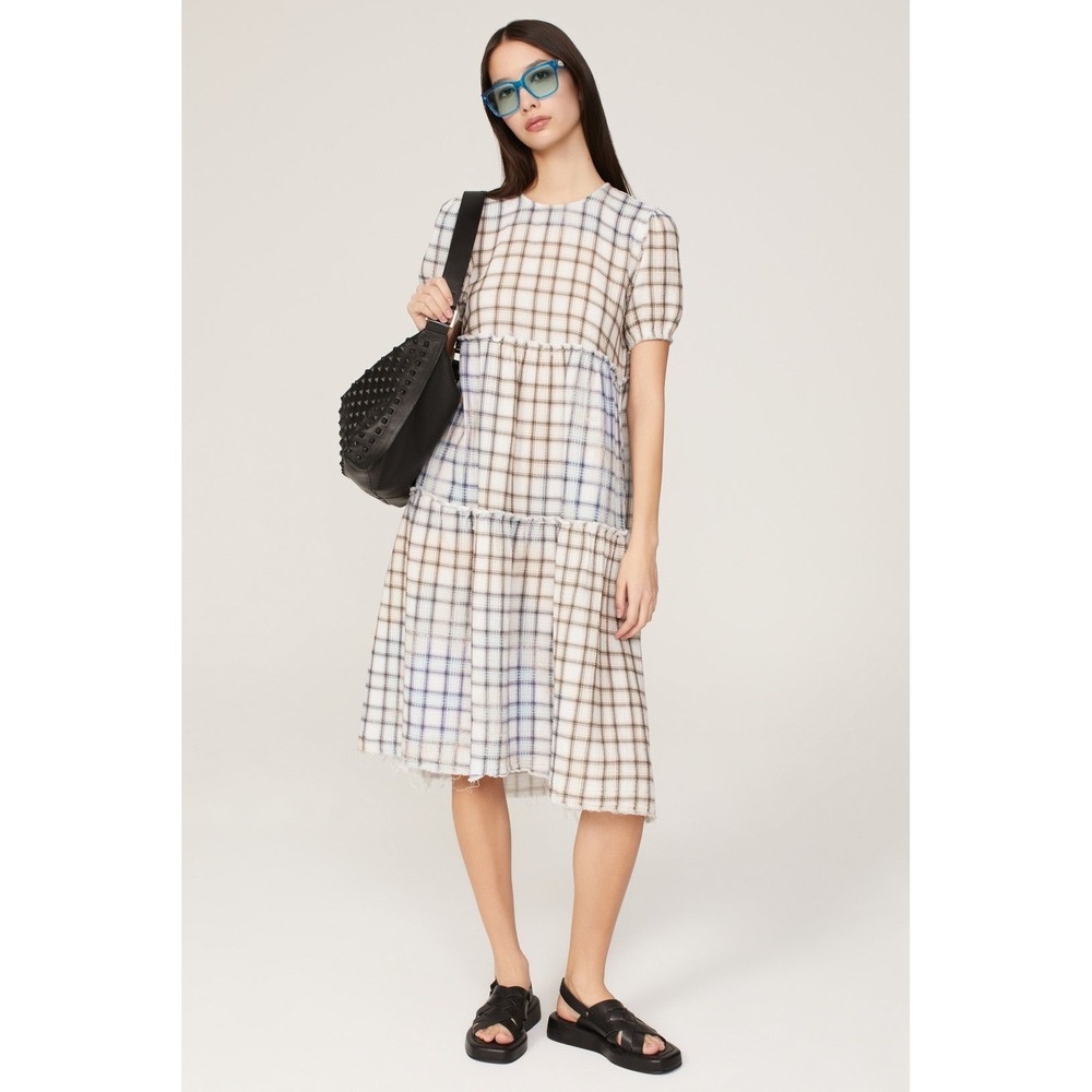 R13 Plaid Tiered Cotton Midi Dress Multicolor Size Medium